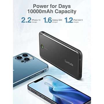 Luxtude 10000mAh Portable Charger for iPhone Built-in Lightning Cable, Mfi Apple Certified Slim Powe...