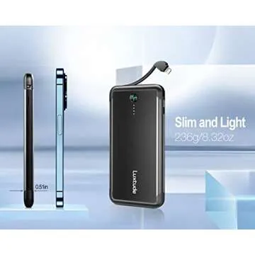 Luxtude 10000mAh Portable Charger for iPhone Built-in Lightning Cable, Mfi Apple Certified Slim Power Bank Portable Phone Charger, Fast Charging Thin Battery Pack for iPhone14/13/12/11, Android etc.
