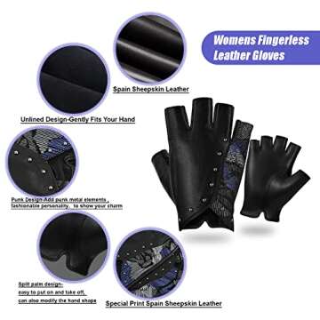FIORETTO Womens Fingerless Leather Gloves Unlined Sheepskin Genuine Leather Half Finger Driving Gloves Black-Blue Medium