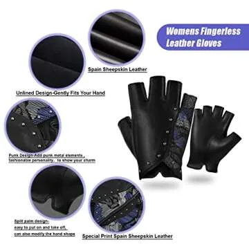 FIORETTO Womens Fingerless Leather Gloves Unlined Sheepskin Genuine Leather Half Finger Driving Gloves Black-Blue Medium
