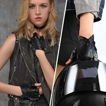 FIORETTO Womens Fingerless Leather Gloves Unlined Sheepskin Genuine Leather Half Finger Driving Gloves Black-Blue Medium