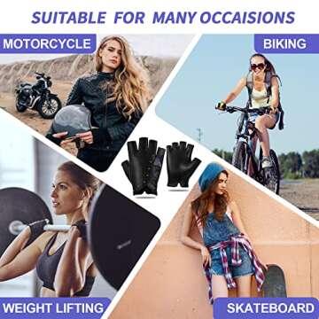 FIORETTO Womens Fingerless Leather Gloves Unlined Sheepskin Genuine Leather Half Finger Driving Gloves Black-Blue Medium