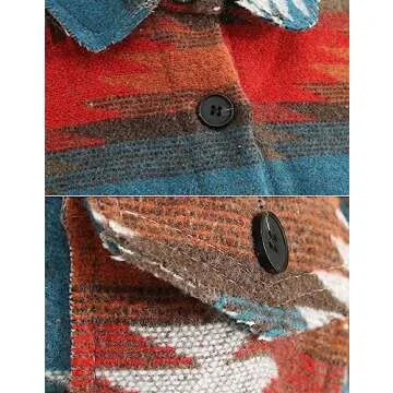 COWOKA Women's Vintage Aztec Print Pattern Loose Shacket Button Down Long Sleeve Woolen Jacket Shirts Coat Red M
