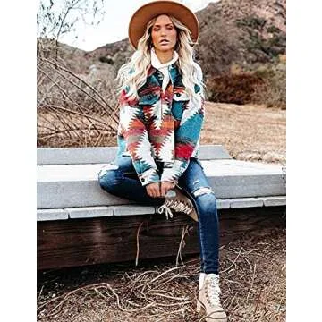 COWOKA Women's Vintage Aztec Print Pattern Loose Shacket Button Down Long Sleeve Woolen Jacket Shirts Coat Red M
