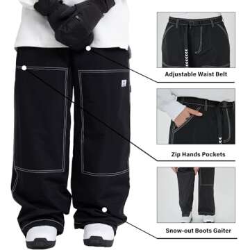 SNOWVERB Women Men Fashion Streetwear Snowboard Jeans Waterproof Ski Loose Fit Snowboard Insulated Windproof Snow Pants (M, Black)