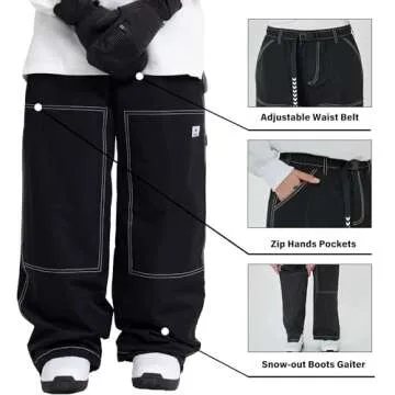 SNOWVERB Women Men Fashion Streetwear Snowboard Jeans Waterproof Ski Loose Fit Snowboard Insulated Windproof Snow Pants (M, Black)