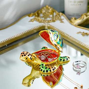 YU FENG 3inch Bejeweled Enamel Sea Turtle Trinket Box with Sparkling Crystals,Hand-painted Hinged Jewelry Storage Box Ring Holder Figurine Collectible