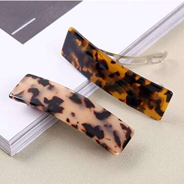2PCS Hair Barrettes Tortoise Shell French Design Celluloid Rectangle Hair Clips for Women