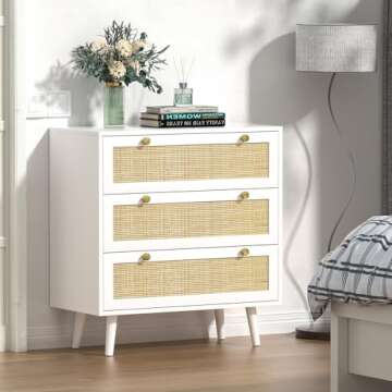Anmytek White Dresser for Bedroom with 3 Drawers, Modern Wood 3 Drawer Dresser, White Chest of Drawer with Spacious Storage Rattan Dresser for Bedroom Living Room H0072