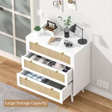 Anmytek White Dresser for Bedroom with 3 Drawers, Modern Wood 3 Drawer Dresser, White Chest of Drawer with Spacious Storage Rattan Dresser for Bedroom Living Room H0072