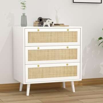 Anmytek White Dresser for Bedroom with 3 Drawers, Modern Wood 3 Drawer Dresser, White Chest of Drawer with Spacious Storage Rattan Dresser for Bedroom Living Room H0072