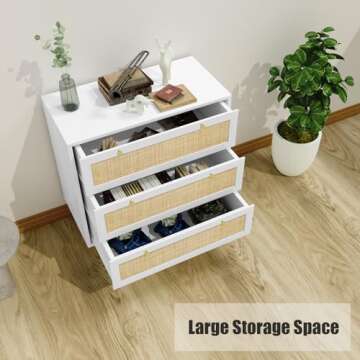 Anmytek White Dresser for Bedroom with 3 Drawers, Modern Wood 3 Drawer Dresser, White Chest of Drawer with Spacious Storage Rattan Dresser for Bedroom Living Room H0072