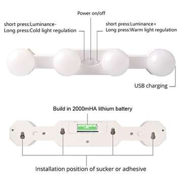 Portable LED Makeup Lights, 2000mha Rechargeable Vanity Mirror Lights kit with 4 Hollywood Styles Bulb for Bathroom Dressing Room Vanity Table