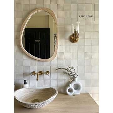 Irregular Wood Frame Boho Mirror - Large Wall Mounted Accent, Asymmetrical, Modern Aesthetic Wall De...