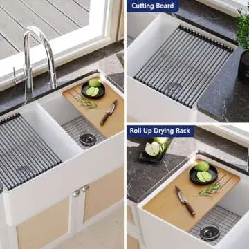 33 inch Farmhouse Sink, DeerValley 33" L x 20" W Double Bowl Farmhouse Workstation Sink Apron Front Sinks White Fireclay Farm Kitchen Sink with Grid, Sink Strainer & Workstation Accessories DV-1K0068