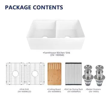 33 inch Farmhouse Sink, DeerValley 33" L x 20" W Double Bowl Farmhouse Workstation Sink Apron Front Sinks White Fireclay Farm Kitchen Sink with Grid, Sink Strainer & Workstation Accessories DV-1K0068