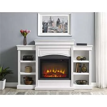 Ameriwood Home Lamont 69 Inch Electric Fireplace with Mantel, Shelves, Replaceable Fireplace Insert Heater, Remote Control, Timer, Realistic Log and Flame Effect, For Living Room or Bedroom, White