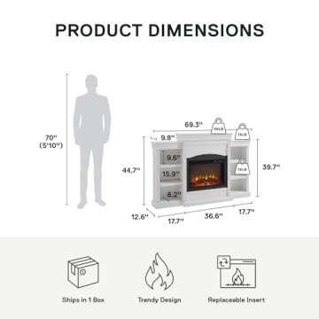 Ameriwood Home Lamont 69 Inch Electric Fireplace with Mantel, Shelves, Replaceable Fireplace Insert Heater, Remote Control, Timer, Realistic Log and Flame Effect, For Living Room or Bedroom, White