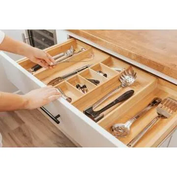 Expandable Bamboo Kitchen Drawer Organizer - 9 Compartments