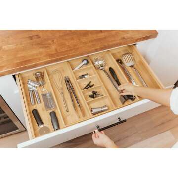 Expandable Bamboo Kitchen Drawer Organizer - 9 Compartments