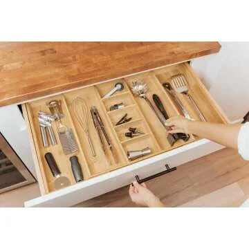 Expandable Bamboo Kitchen Drawer Organizer - 9 Compartments