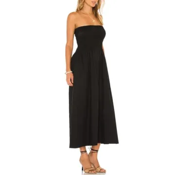 Aigeman Women Strapless Tube Maxi Dress Sleeveless Summer Boho Beach Dress Off Shoulder Flowy Swing Dress with Pokets 330(Large,Black)