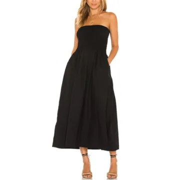 Aigeman Women Strapless Tube Maxi Dress Sleeveless Summer Boho Beach Dress Off Shoulder Flowy Swing Dress with Pokets 330(Large,Black)