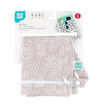 Bumkins Waterproof Wet Bag for Baby, Travel, Swim Suit, Cloth Diapers, Pump Parts, Pool, Gym Clothes, Toiletry, Strap to Stroller, Daycare, Zipper Reusable Bag, Wetdry Packing Pouch, Boho Beige