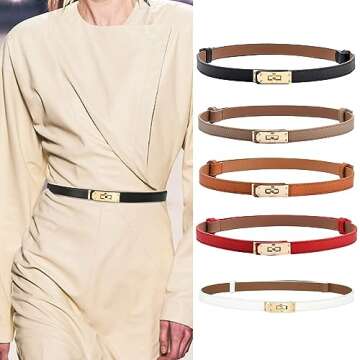 Women Skinny Leather Belt Solid Color Alloy Turn Lock Adjustable Waistband Thin Waist Belt For Dress (KH1, One Size)