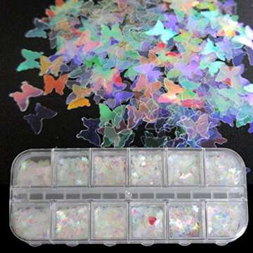 LoveOurHome 3 Boxes Iridescent Butterfly Star Nail Glitter Sequins Mylar Chunky Glitter Flakes Manicure Fingernails Decorations Resin Crafts Supplies for Nails Designs Resins Festival