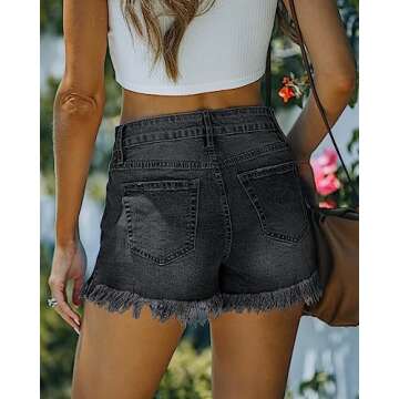 luvamia Womens Fashion Jean Shorts for Women Stretchy High Waisted Ripped Denim Shorts Women Black D...