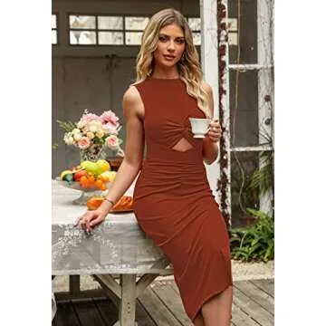 Summer Sleeveless Cut Out Bodycon Dress for Women Knit Ruched Side Slit Vacation Outfits Midi Party Dresses Brown M