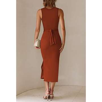 Summer Sleeveless Cut Out Bodycon Dress for Women Knit Ruched Side Slit Vacation Outfits Midi Party Dresses Brown M