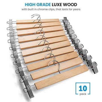 ZOBER High-Grade Wooden Pants Hangers with Non-Slip Clips