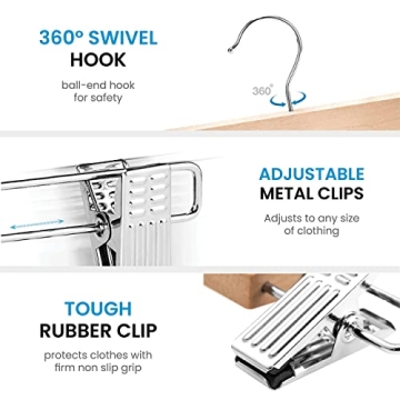 ZOBER High-Grade Wooden Pants Hangers with Non-Slip Clips
