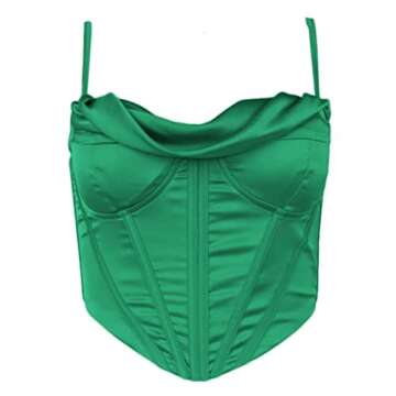 Modegal Women's Satin Cowl Neck Fish Boned Zip Back Adjustable Spaghetti Straps Bustier Corset Crop Top