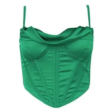 Modegal Women's Satin Cowl Neck Fish Boned Zip Back Adjustable Spaghetti Straps Bustier Corset Crop Top