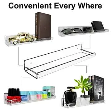 AMT 6 Pack Acrylic Floating Shelves, 15" L x 3.25" W, Clear Bathroom Wall Shelf, Bookshelves, Invisible Display for Office, Bedroom, Small Gap Allows Water to Escape, Free Screws & Drill Bit (Medium)