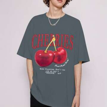 Pairxily Oversized Graphic Tees Vintage Cherry Fruit Shirt for Men Aesthetic Printed Unisex T Shirts Short Sleeve Casual Tops