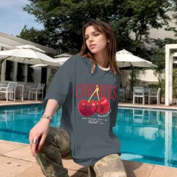 Pairxily Oversized Graphic Tees Vintage Cherry Fruit Shirt for Men Aesthetic Printed Unisex T Shirts Short Sleeve Casual Tops