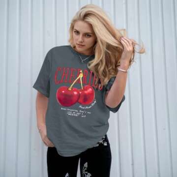 Pairxily Oversized Graphic Tees Vintage Cherry Fruit Shirt for Men Aesthetic Printed Unisex T Shirts Short Sleeve Casual Tops