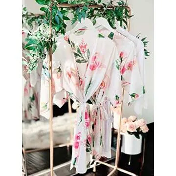 ModParty Floral Satin Robe | Bride & Bridesmaid Getting Ready Robes| Soft Smooth Kimono | Pink Pastel Flower Designs | Women Lounge/Sleepwear