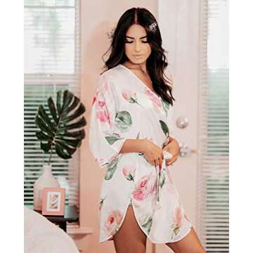 ModParty Floral Satin Robe | Bride & Bridesmaid Getting Ready Robes| Soft Smooth Kimono | Pink Pastel Flower Designs | Women Lounge/Sleepwear