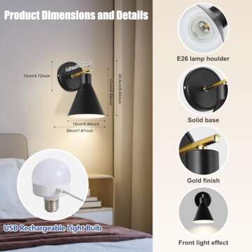 Bailoch Black Rechargeable Batttery Operated Wall Sconces Set of 2, Wireless Battery Powered Non Har...