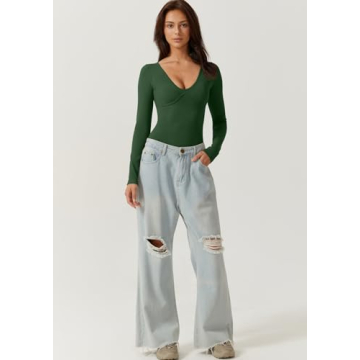 QINSEN Women's Sexy V Neck Long Sleeve Bodysuit Shirt