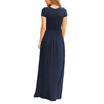 VIISHOW Women's Short Sleeve Loose Plain Maxi Dresses Casual Long Dresses with Pockets（Navy Blue, Large）