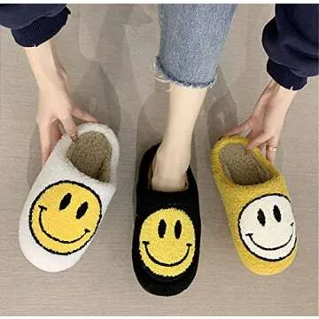 EISMC2 Cute Smile Face Plush Slipper Warm Winter Fleece Home Slip-on Shoes for Family Members