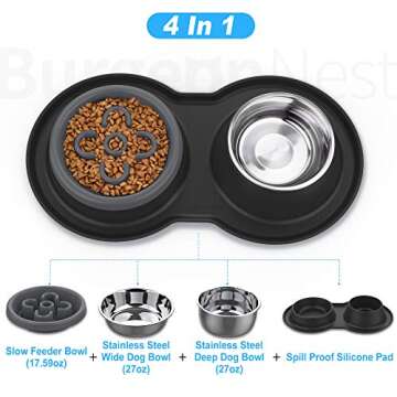 BurgeonNest Slow Feeder Dog Bowls,27oz 4-in-1 Food and Water Bowls with No-Spill and Non-Skid Silico...