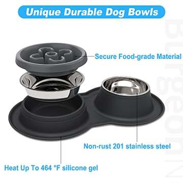BurgeonNest Slow Feeder Dog Bowls,27oz 4-in-1 Food and Water Bowls with No-Spill and Non-Skid Silicone Mat, Stainless Steel Slow Down Eating Puzzle Set for Medium Small Sized Dogs