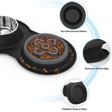 BurgeonNest Slow Feeder Dog Bowls,27oz 4-in-1 Food and Water Bowls with No-Spill and Non-Skid Silicone Mat, Stainless Steel Slow Down Eating Puzzle Set for Medium Small Sized Dogs